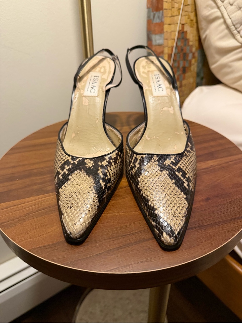 Isaac Mizrahi Black and Beige Snake-Print Pointed Slingbacks